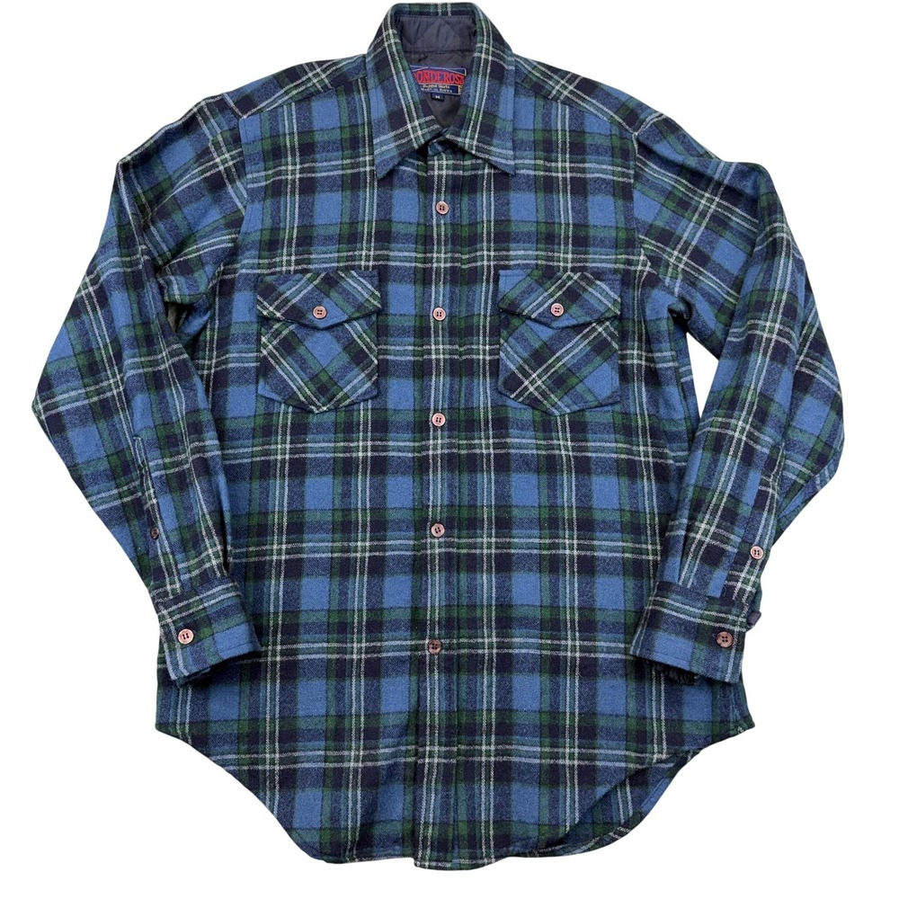 Vintage Ponderosa Shirt Mens Medium Blue Green Plaid Wool Flannel Lined Korea